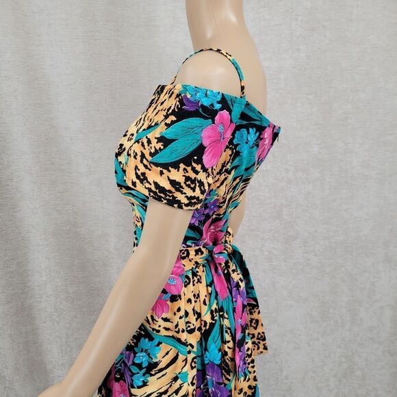 SMW 80s Vintage Drop Waist Off the Shoulder Leopard Cheetah Tropical Dress - Picture 7 of 15